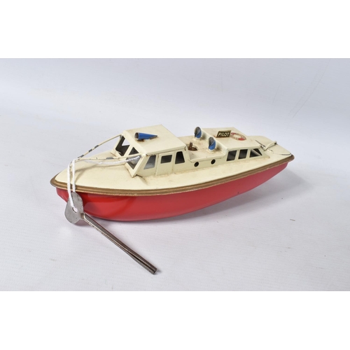 46 - AN UNBOXED SUTCLIFFE TINPLATE CLOCKWORK OCEAN PILOT CRUISER, 'Jupiter', red hull with white deck and... 