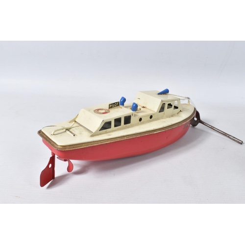 46 - AN UNBOXED SUTCLIFFE TINPLATE CLOCKWORK OCEAN PILOT CRUISER, 'Jupiter', red hull with white deck and... 