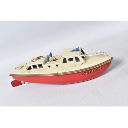 46 - AN UNBOXED SUTCLIFFE TINPLATE CLOCKWORK OCEAN PILOT CRUISER, 'Jupiter', red hull with white deck and... 