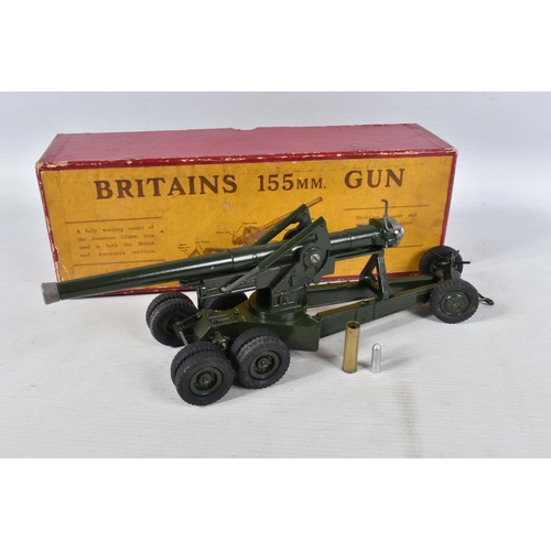 51 - A BOXED BRITAINS 155MM GUN, No.2064, appears complete with six Shells, Shell Case, Loader, Barrel Tr... 