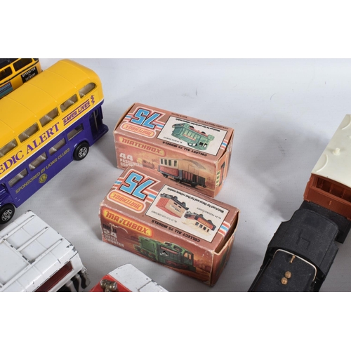 52 - A QUANTITY OF UNBOXED AND ASSORTED PLAYWORN DIECAST VEHICLES, to include a Metosul Leyland Atlantean... 