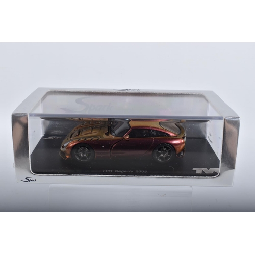 82 - FIVE BOXED SPARK MODELS MINIMAX VEHICLES, to include a TVR Sagaris 2005, numbered S0221, metallic br... 