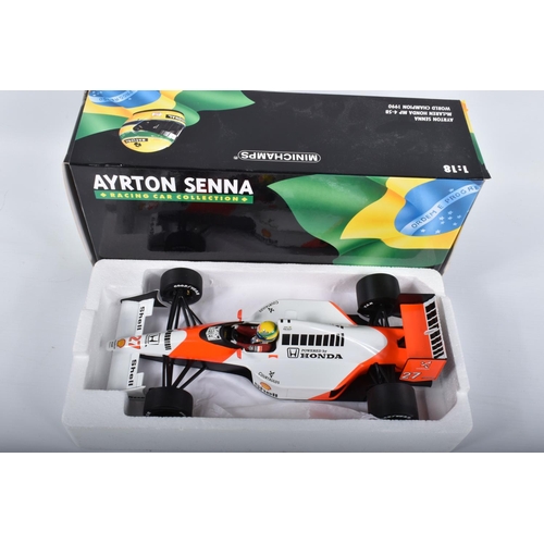 85 - TWO BOXED MINICHAMPS PAULS MODEL ART AYRTON SENNA 1:18 SCALE MODELS, the first a McLaren Honda MP 4-... 