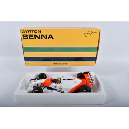 86 - TWO BOXED MINICHAMPS PAULS MODEL ART AYRTON SENNA 1:18 SCALE MODELS, the first Lotus Renault 97T 198... 