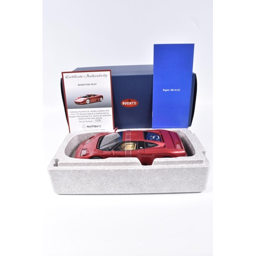 104 - A BOXED AUTOART SIGNATURE BUGATTI EB110GT 1:18 SCALE MODEL VEHICLE, numbered 70977, dark red in colo... 