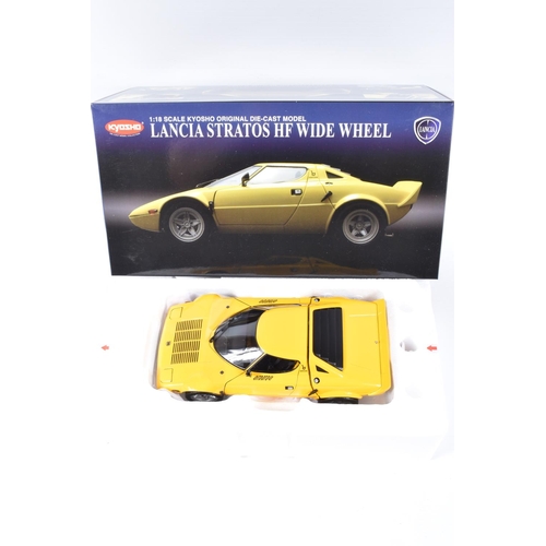 107 - A BOXED KYOSHO LANCIA STRATOS HF WIDE WHEEL 1:18 SCALE MODEL VEHICLE, numbered 08137Y, in yellow sig... 