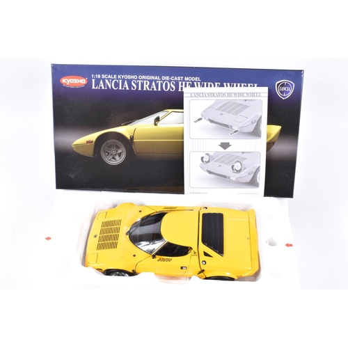 107 - A BOXED KYOSHO LANCIA STRATOS HF WIDE WHEEL 1:18 SCALE MODEL VEHICLE, numbered 08137Y, in yellow sig... 