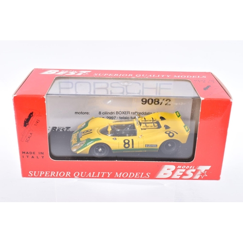 119 - NINE BOXED MINIATURE MODEL 1:43 SCALE CARS , to include a Best model Porsche 908-3 Monteseny 1972 Fe... 