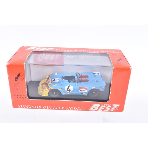 119 - NINE BOXED MINIATURE MODEL 1:43 SCALE CARS , to include a Best model Porsche 908-3 Monteseny 1972 Fe... 