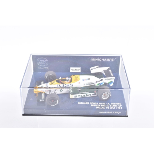 121 - FIVE MINICHAMP MODEL CARS IN PLASTIC DISPLAY CASES, all 1:43 scale, to include a McLaren Mercedes MP... 