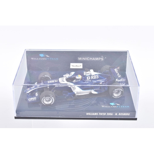 121 - FIVE MINICHAMP MODEL CARS IN PLASTIC DISPLAY CASES, all 1:43 scale, to include a McLaren Mercedes MP... 