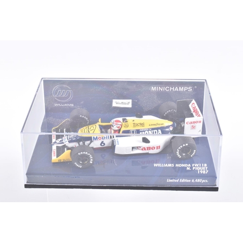 121 - FIVE MINICHAMP MODEL CARS IN PLASTIC DISPLAY CASES, all 1:43 scale, to include a McLaren Mercedes MP... 