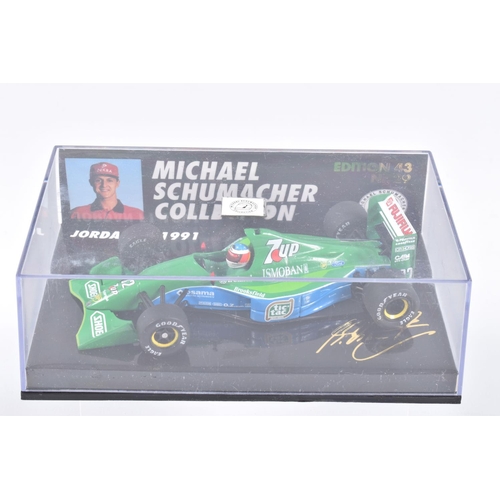 122 - FIVE MINICHAMP MODEL CARS IN PLASTIC DISPLAY CASES,  all 1:43 scale, to include a Jordan F1 1991 Mic... 