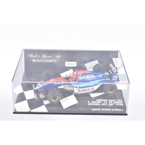 122 - FIVE MINICHAMP MODEL CARS IN PLASTIC DISPLAY CASES,  all 1:43 scale, to include a Jordan F1 1991 Mic... 