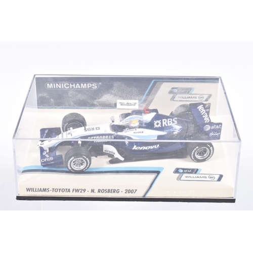 122 - FIVE MINICHAMP MODEL CARS IN PLASTIC DISPLAY CASES,  all 1:43 scale, to include a Jordan F1 1991 Mic... 