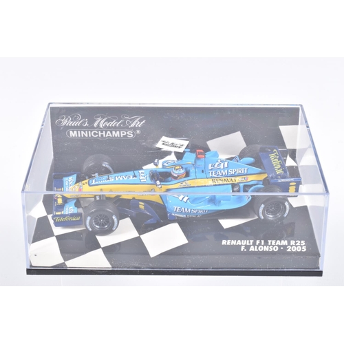 122 - FIVE MINICHAMP MODEL CARS IN PLASTIC DISPLAY CASES,  all 1:43 scale, to include a Jordan F1 1991 Mic... 