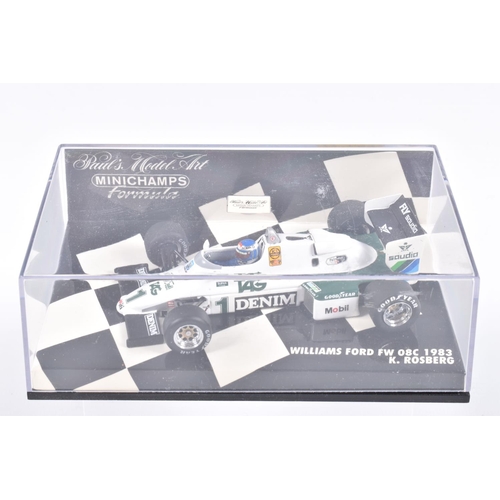 123 - FIVE MINICHAMP MODEL CARS IN PLASTIC DISPLAY CASES,  all 1:43 scale, to include a Williams Honda FW1... 