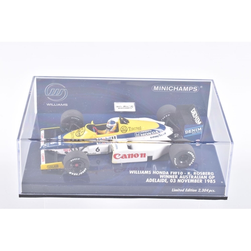 123 - FIVE MINICHAMP MODEL CARS IN PLASTIC DISPLAY CASES,  all 1:43 scale, to include a Williams Honda FW1... 