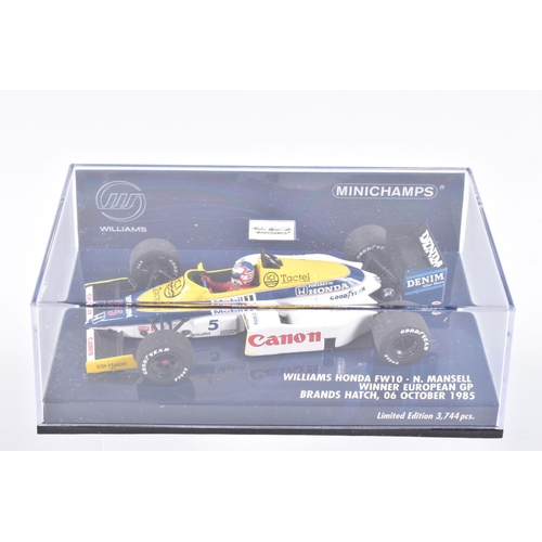 123 - FIVE MINICHAMP MODEL CARS IN PLASTIC DISPLAY CASES,  all 1:43 scale, to include a Williams Honda FW1... 