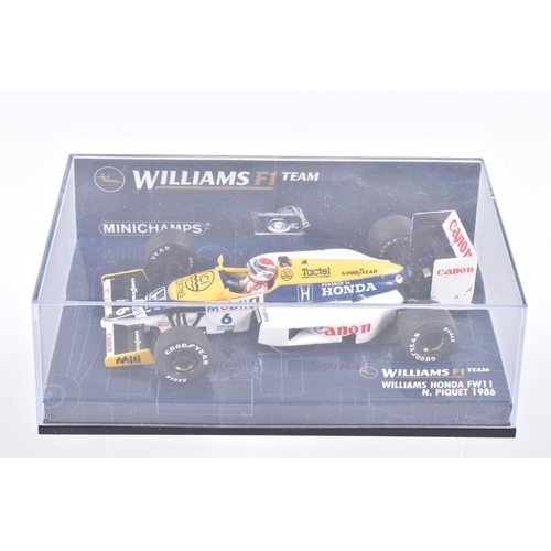 123 - FIVE MINICHAMP MODEL CARS IN PLASTIC DISPLAY CASES,  all 1:43 scale, to include a Williams Honda FW1... 