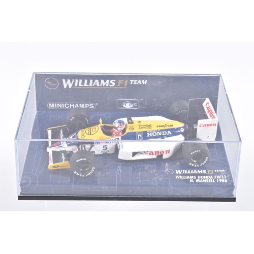 123 - FIVE MINICHAMP MODEL CARS IN PLASTIC DISPLAY CASES,  all 1:43 scale, to include a Williams Honda FW1... 