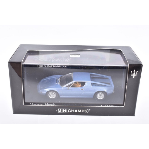 124 - FIVE BOXED MINICHAMP 1:43 SCALE MODEL CARS, to include a 1974 Lamborghini Urraco in Blue Acapulco no... 