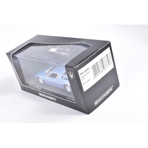 124 - FIVE BOXED MINICHAMP 1:43 SCALE MODEL CARS, to include a 1974 Lamborghini Urraco in Blue Acapulco no... 