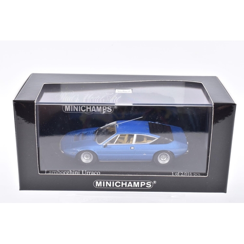 124 - FIVE BOXED MINICHAMP 1:43 SCALE MODEL CARS, to include a 1974 Lamborghini Urraco in Blue Acapulco no... 