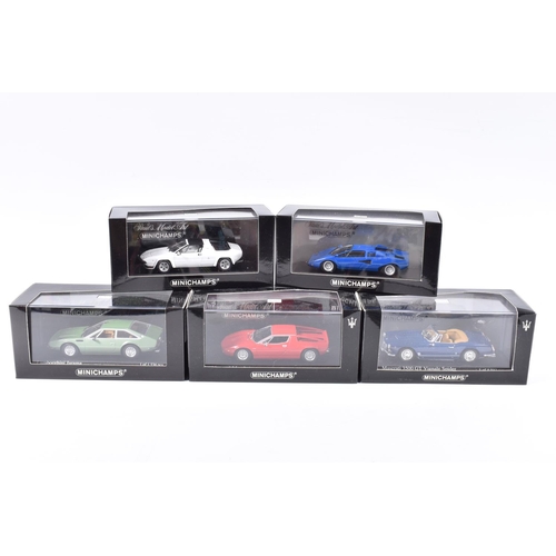 125 - FIVE BOXED MINICHAMP 1:43 SCALE MODEL CARS, to include a 1976 Lamborghini Silhouette Bianco Polo Par... 