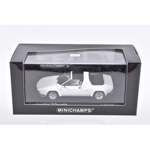 125 - FIVE BOXED MINICHAMP 1:43 SCALE MODEL CARS, to include a 1976 Lamborghini Silhouette Bianco Polo Par... 