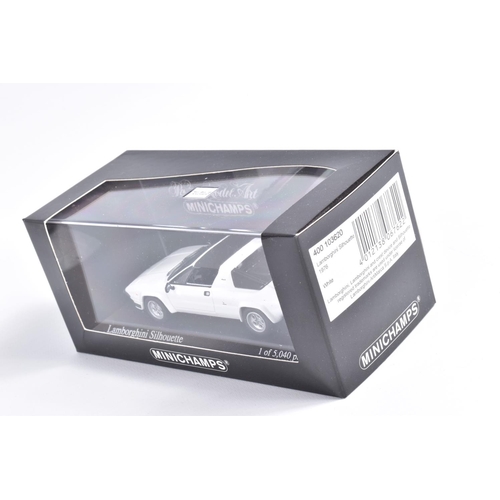 125 - FIVE BOXED MINICHAMP 1:43 SCALE MODEL CARS, to include a 1976 Lamborghini Silhouette Bianco Polo Par... 