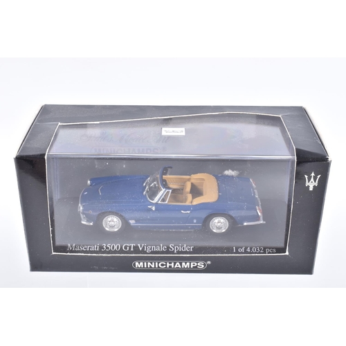 125 - FIVE BOXED MINICHAMP 1:43 SCALE MODEL CARS, to include a 1976 Lamborghini Silhouette Bianco Polo Par... 