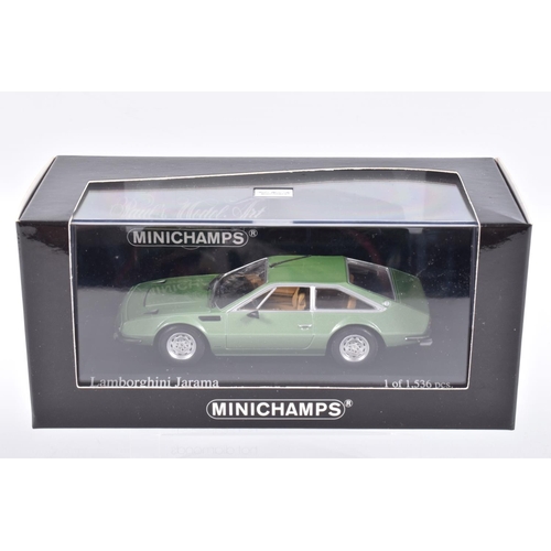 125 - FIVE BOXED MINICHAMP 1:43 SCALE MODEL CARS, to include a 1976 Lamborghini Silhouette Bianco Polo Par... 