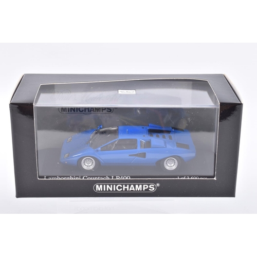 125 - FIVE BOXED MINICHAMP 1:43 SCALE MODEL CARS, to include a 1976 Lamborghini Silhouette Bianco Polo Par... 