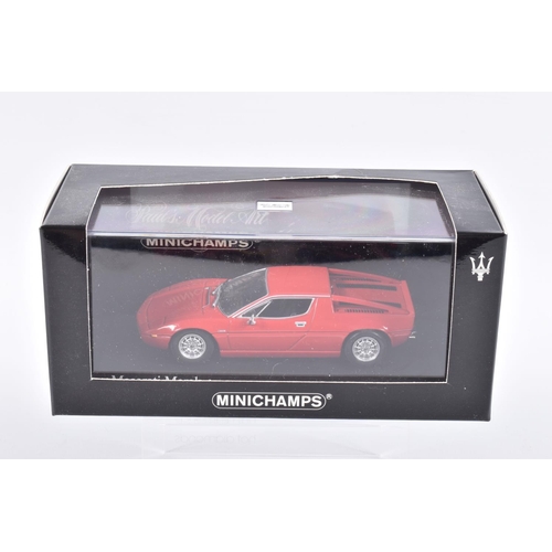 125 - FIVE BOXED MINICHAMP 1:43 SCALE MODEL CARS, to include a 1976 Lamborghini Silhouette Bianco Polo Par... 