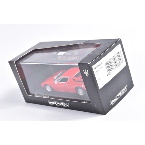 125 - FIVE BOXED MINICHAMP 1:43 SCALE MODEL CARS, to include a 1976 Lamborghini Silhouette Bianco Polo Par... 