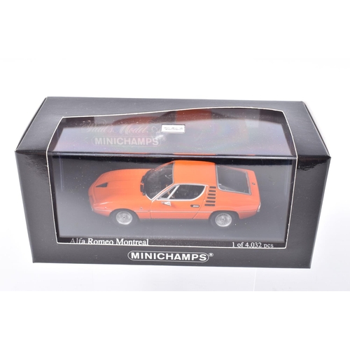 126 - FIVE BOXED MINICHAMP 1:43 SCALE MODEL CARS, to include a 1973 Alfa Romeo Montreal in Arancio Orange ... 