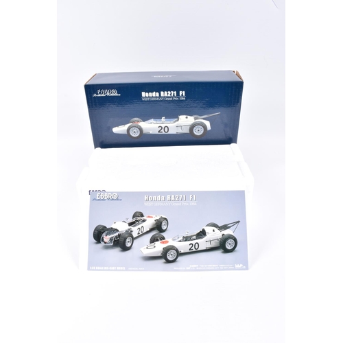 129 - TWO EBBRO PREMIUM COLLECTION HONDA RA271 F1 1:20 SCALE MODEL DIECAST VEHICLES, the first is a West G... 