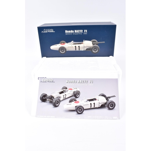 129 - TWO EBBRO PREMIUM COLLECTION HONDA RA271 F1 1:20 SCALE MODEL DIECAST VEHICLES, the first is a West G... 