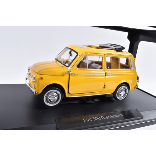 131 - TWO BOXED NOREV COLLECTORS MODEL DIECAST VEHICLES 1:18 SCALE, the first is a Fiat 500 Gardiniera 196... 