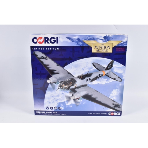 141 - TWO BOXED LIMITED EDITION 1:72 SCALE CORGI AVIATION ARCHIVE MODEL AIRCRAFTS, the first a Heinkel He1... 