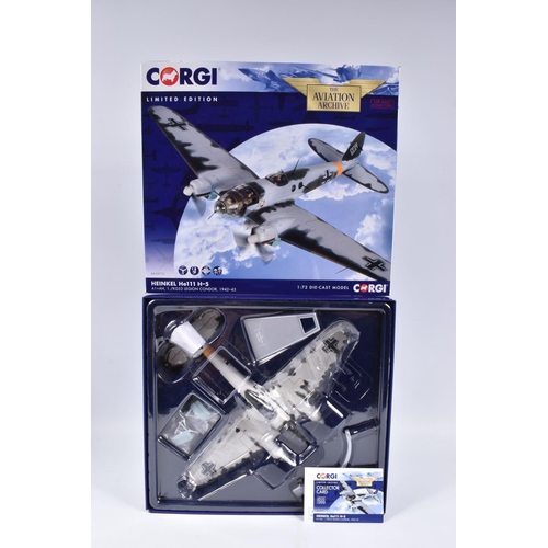 141 - TWO BOXED LIMITED EDITION 1:72 SCALE CORGI AVIATION ARCHIVE MODEL AIRCRAFTS, the first a Heinkel He1... 