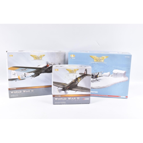 145 - THREE BOXED LIMITED EDITION 1:72 SCALE CORGI AVIATION ARCHIVE WORLD WAR II MODEL AIRCRAFTS, the firs... 