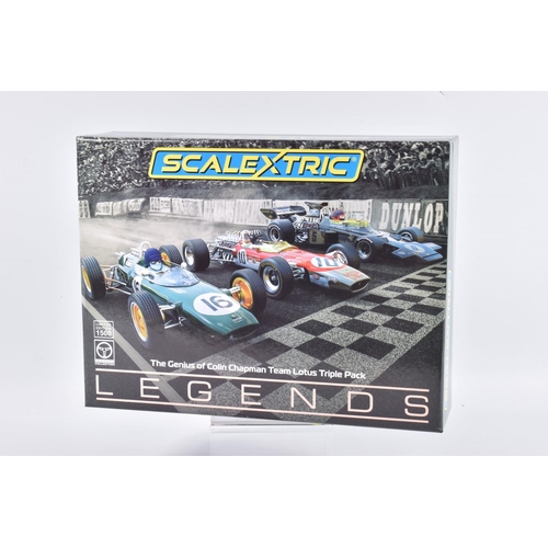 146 - A BOXED LIMITED EDITION SCALEXTRIC LEGENDS THE GENIUS OF COLIN CHAPMAN TEAM LOTUS TRIPLE PACK, numbe... 