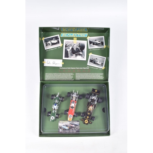 146 - A BOXED LIMITED EDITION SCALEXTRIC LEGENDS THE GENIUS OF COLIN CHAPMAN TEAM LOTUS TRIPLE PACK, numbe... 