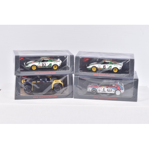 150 - FOUR BOXED SPARK MODELS MINIMAX VEHICLES, the first is a Lancia Delta HF Intergrale EVO Winner Rally... 