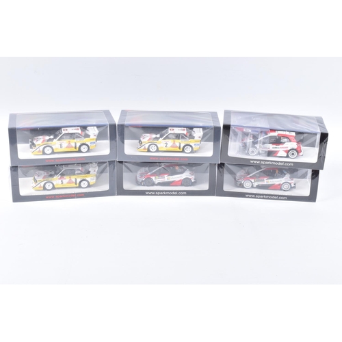 153 - SIX BOXED SPARK MODELS MINIMAX VEHICLES, the first is a Toyota Yaris WRC 2nd Rally Monte Carlo 2018,... 