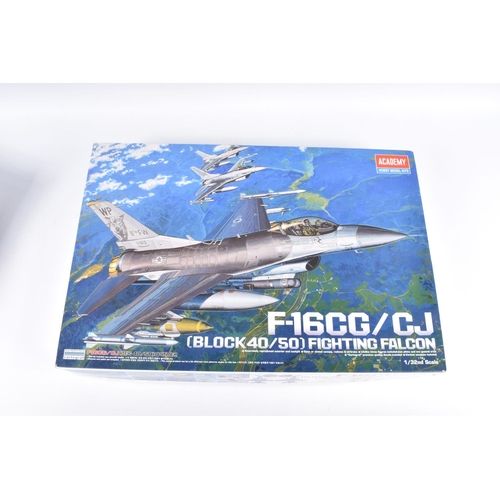 158 - THREE ACADEMY HOBBY  BOXED MODEL AIRCRAFT KITS, to include a 1:48 scale construction kit Hawker Hunt... 