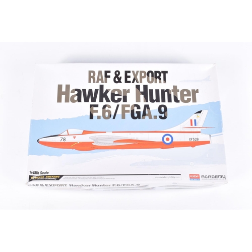 158 - THREE ACADEMY HOBBY  BOXED MODEL AIRCRAFT KITS, to include a 1:48 scale construction kit Hawker Hunt... 