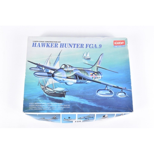 158 - THREE ACADEMY HOBBY  BOXED MODEL AIRCRAFT KITS, to include a 1:48 scale construction kit Hawker Hunt... 